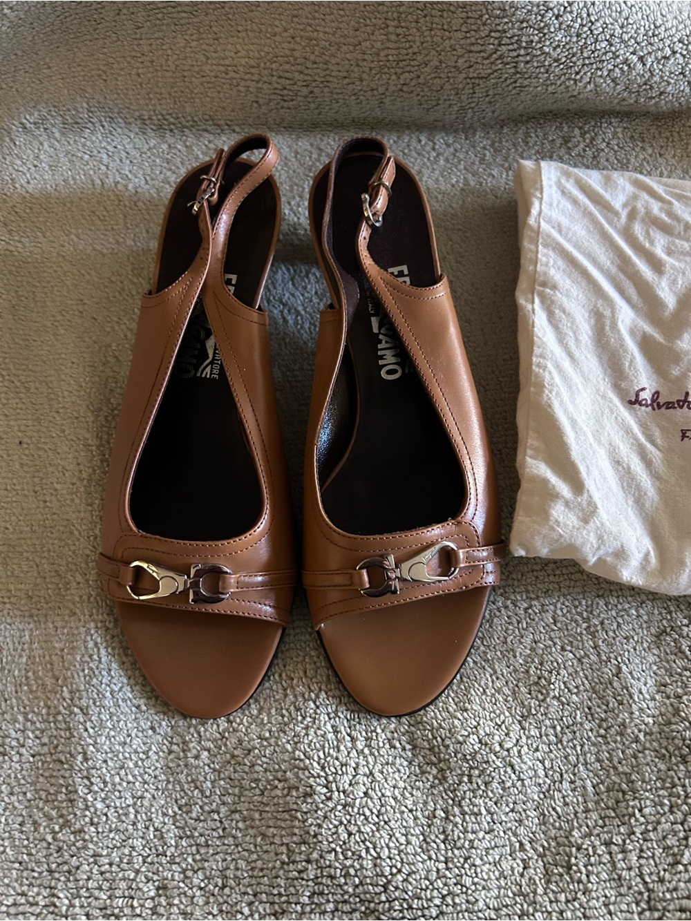 Salvatore Ferragamo Brown Leather Slingback Mules with Gold Hardware